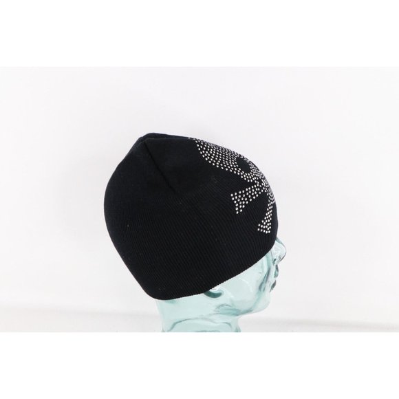 NOS Vintage 90s Streetwear Womens Sequined Skull Knit Winter Beanie Hat Black main image 4